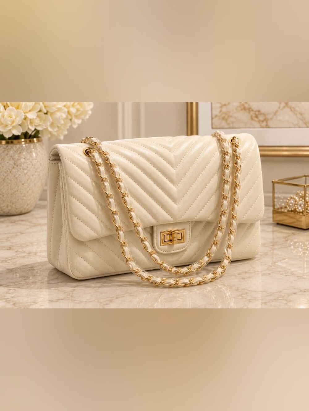 Chevron Print Cream Shoulder Bag with Gold Hardware And Front Turnlock Closure